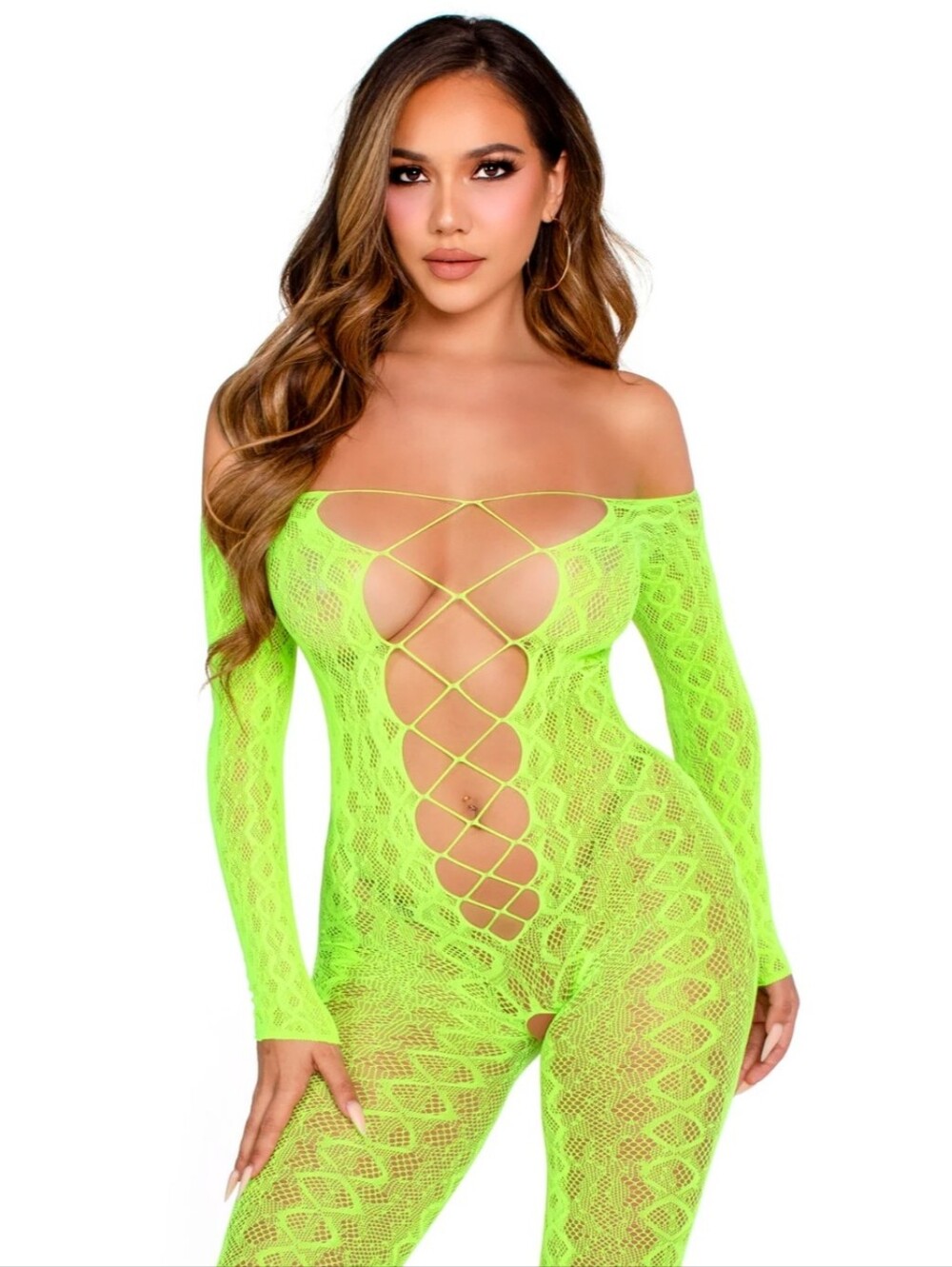 Leg Avenue Neon Green Lace-Up Off-Shoulder Fishnet Catsuit
